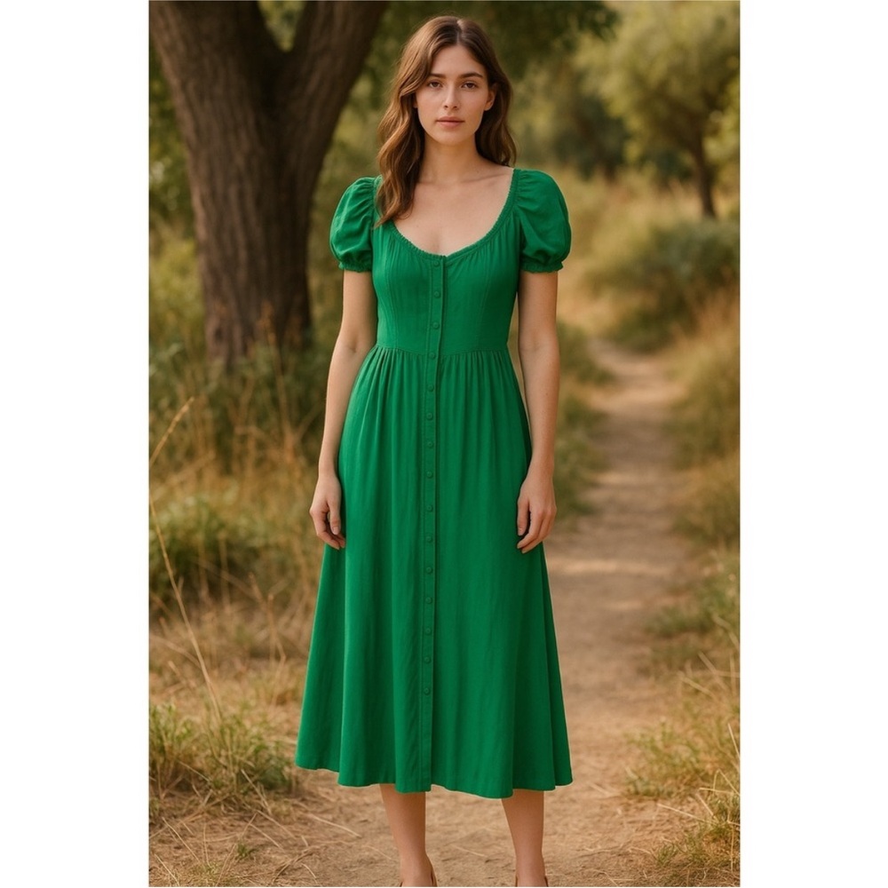 Yumi Kim Emerald Green Midi Dress with Puff Sleeves